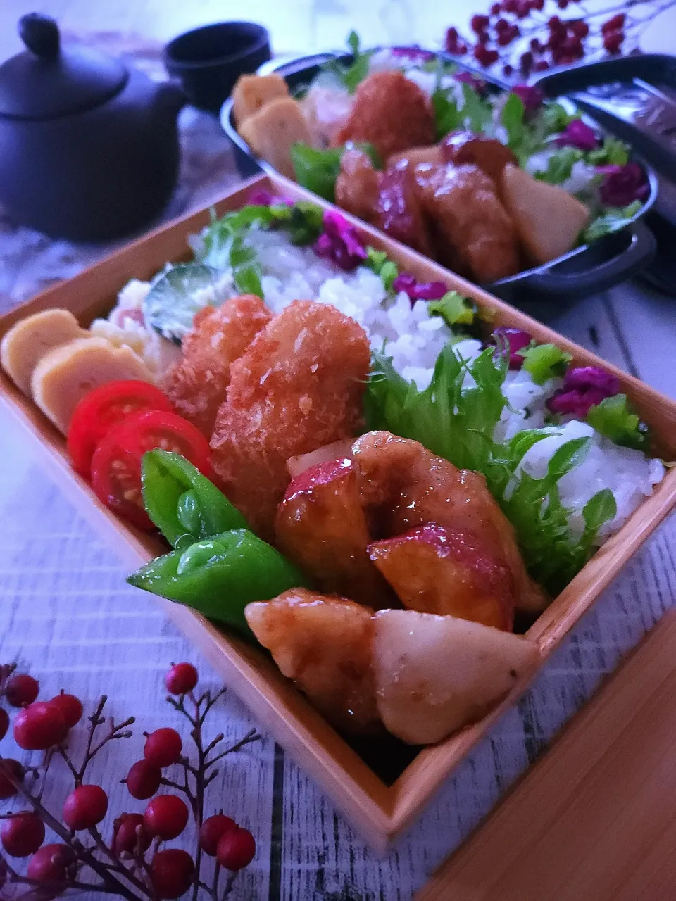 Snapdishの料理写真:ささみと根菜の甘酢炒め弁当|sugar beansさん