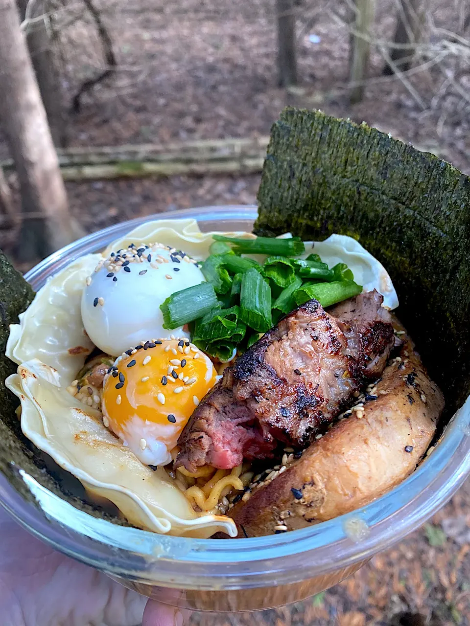 BentoFox's dish A spicy Miso dashi ramen, with seasoned pork, steak, pork Gyoza a hard boiled egg, and one egg yolk topped with sesame seeds, scallions and two sheets of nori seaweed|BentoFoxさん