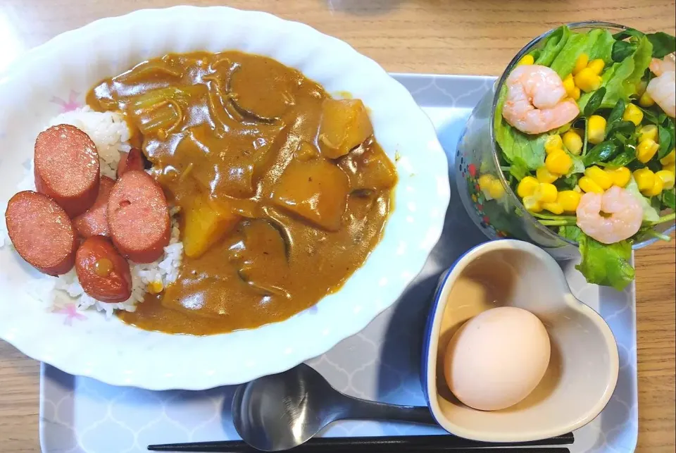 茄子カレー
海老サラダ
半熟卵|さゆさん