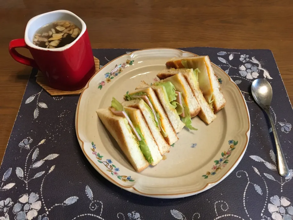 Snapdishの料理写真:ホットサンドイッチ、ワカメ＆揚げ玉ねぎ＆揚げニンニクチップ入りタマネギスープ(朝ご飯)|enarinさん