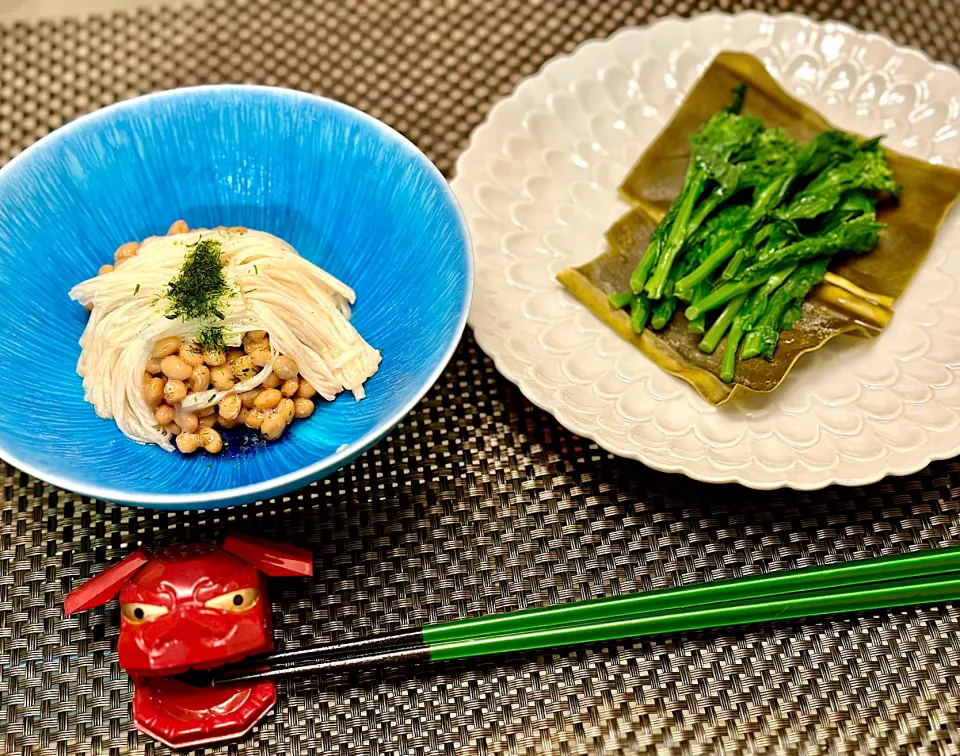 長芋醤油漬け納豆と、菜の花昆布締め|にゃあ（芸名）さん