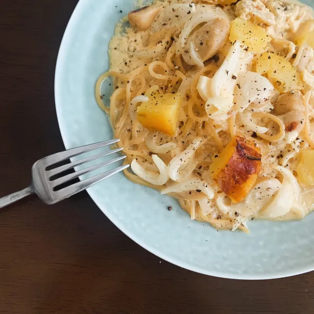 Snapdishの料理・レシピ写真:新玉と焼き芋の酒粕塩麹なぁら🍝🧅🍠｜【速報！】「ビタントニオ使いたおし隊」投稿まとめ♪