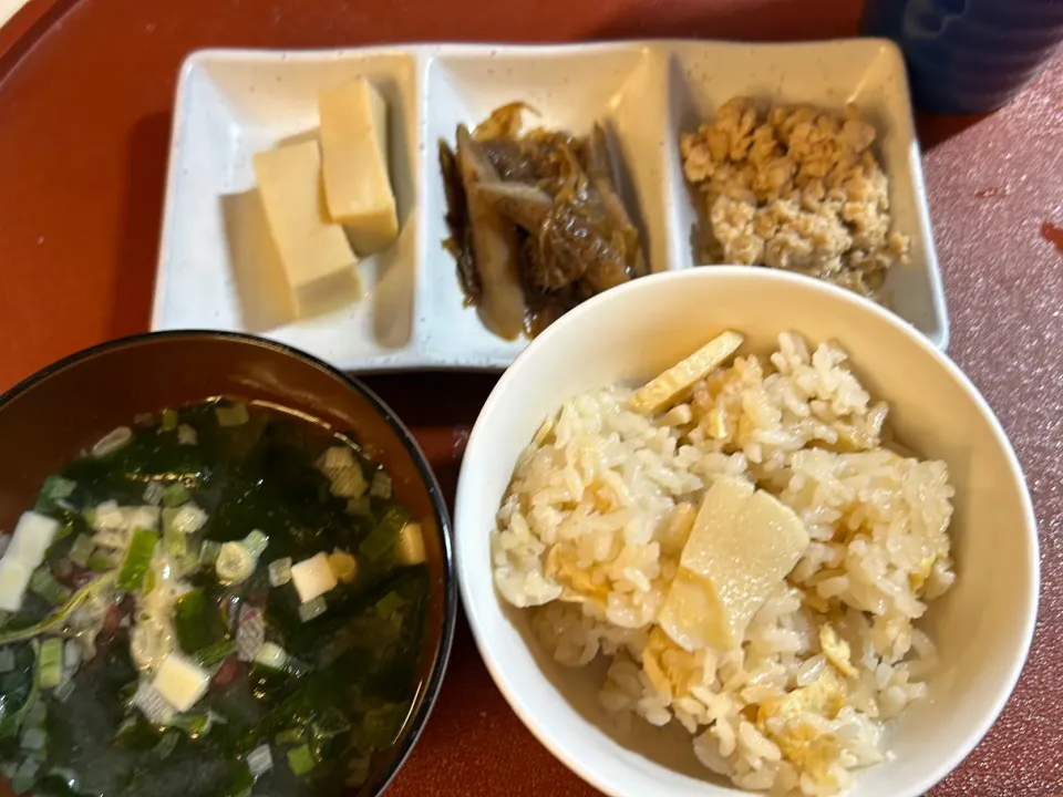 Snapdishの料理写真:筍ごはん　付け合わせ高野豆腐　ごぼうの甘辛煮　鶏そぼろ|バジルママさん