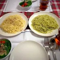 Snapdishの料理写真:2824/3/24 お昼ごはん🍝カルボナーラとバジルソース|ひーちゃんさん