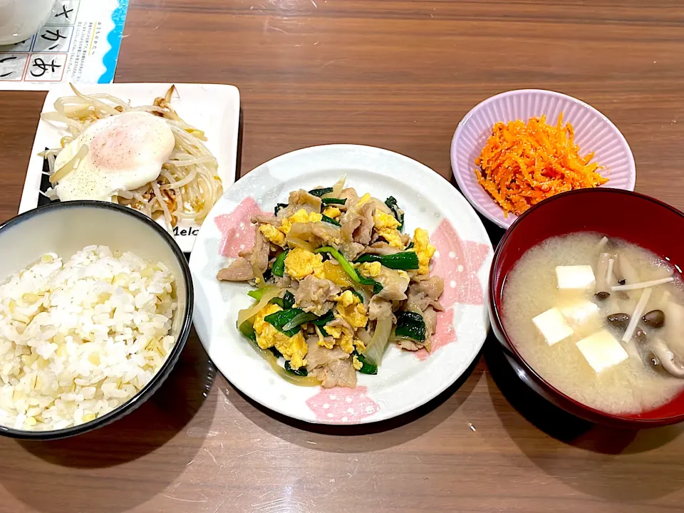 Snapdishの料理写真:豚バラのニラ玉炒め　きのこと豆腐の味噌汁　人参の明太しりしり　もやしの巣篭もり卵|おさむん17さん