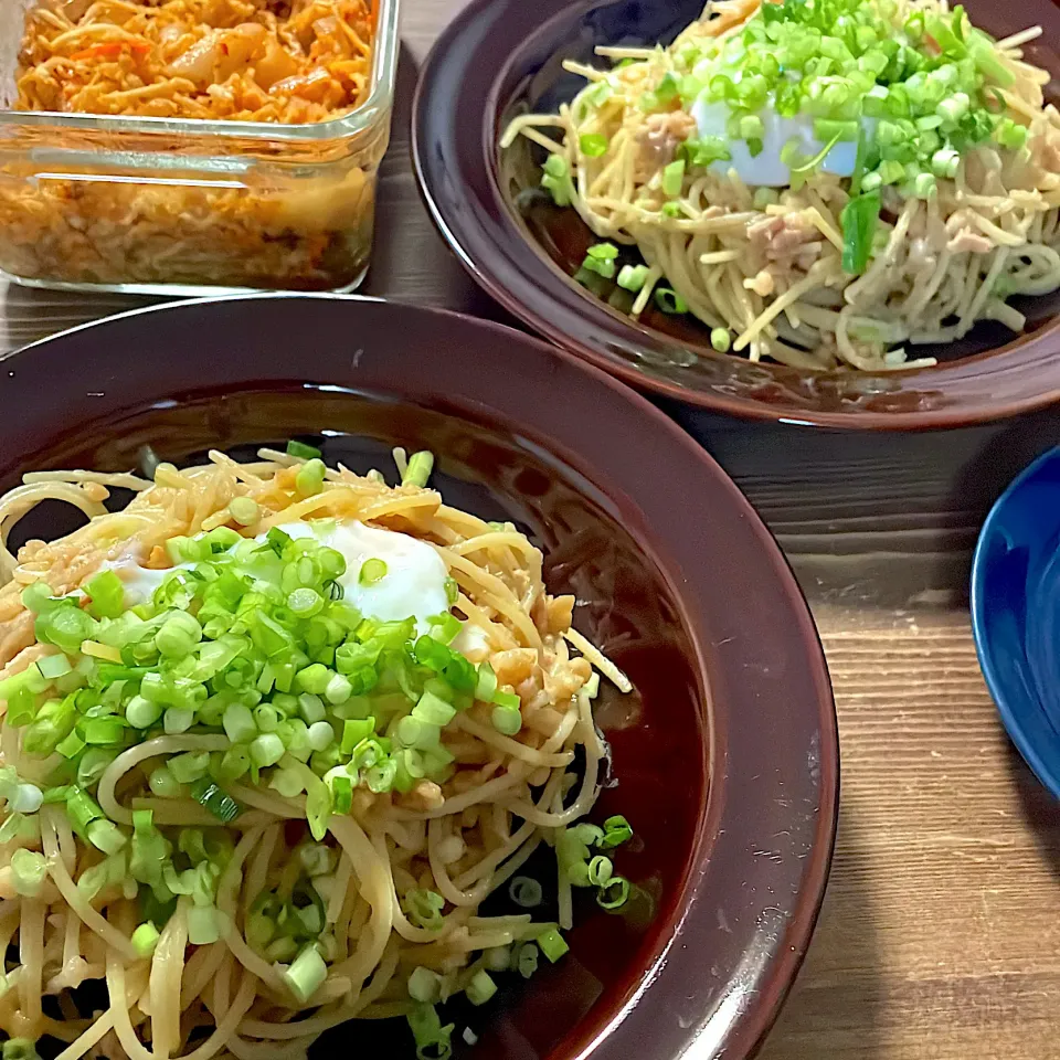 天かすツナ麺つゆニンニク温玉パスタ|gohan♡さん