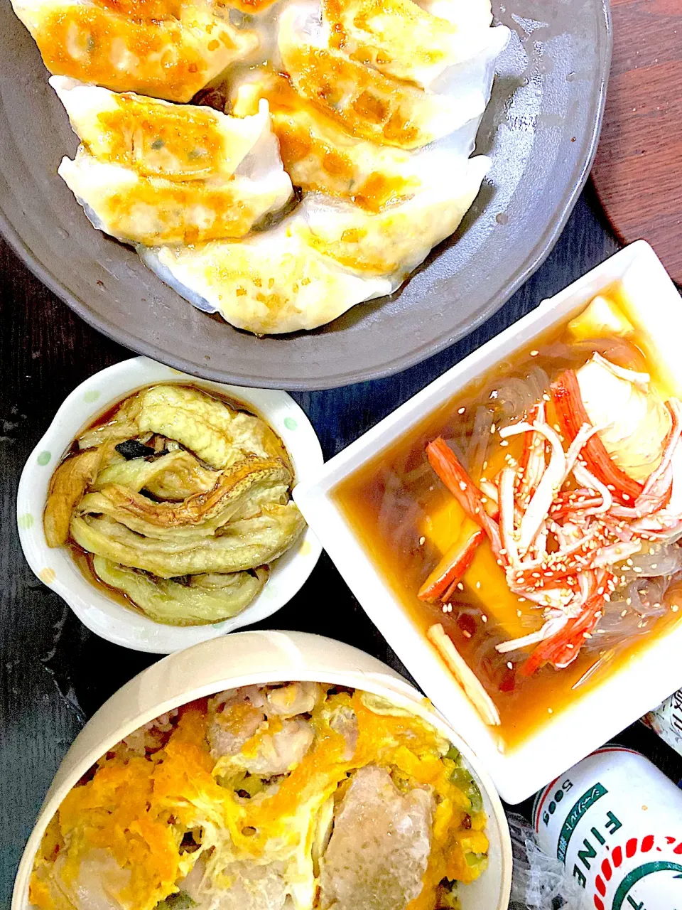 親子丼、焼き餃子、焼き茄子ナムル、ところてん豆腐|まみみさん