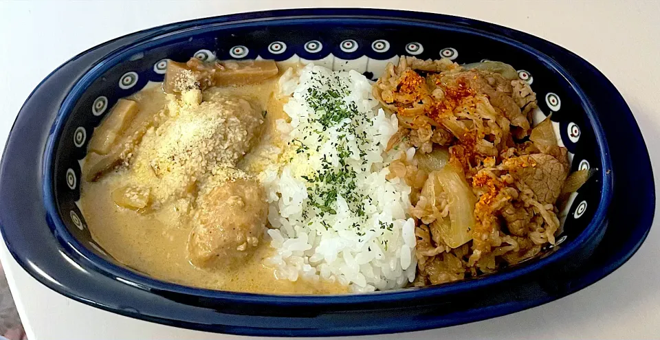 おうち吉野家牛丼とNIKUVEGEココナッツカレー🍛の合いがけ|jiruさん