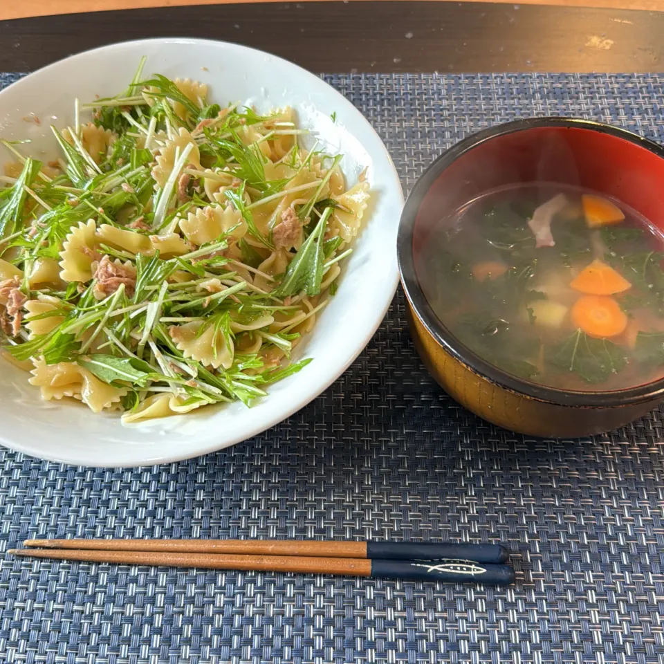 水菜とツナの冷製パスタ・野菜スープ|a-parkさん