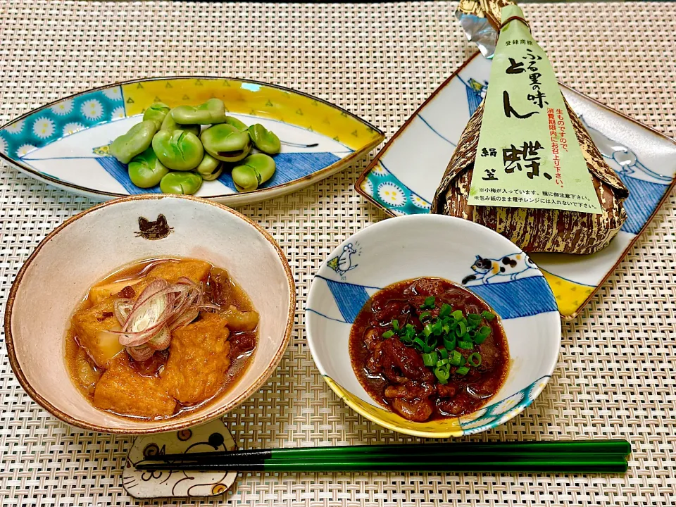 Snapdishの料理写真:飴すじ煮込み2種ととん蝶、そら豆|にゃあ（芸名）さん