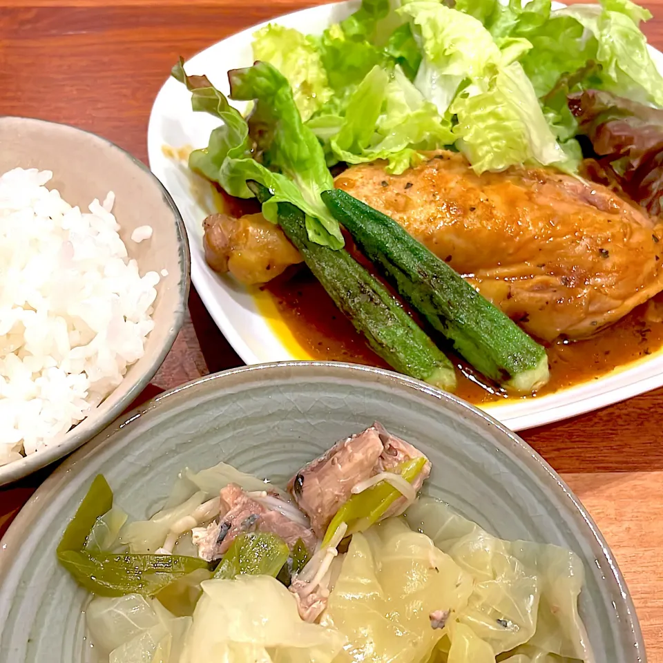 サバキャベツ煮　スパイシーチキンカレー|とゆあさん