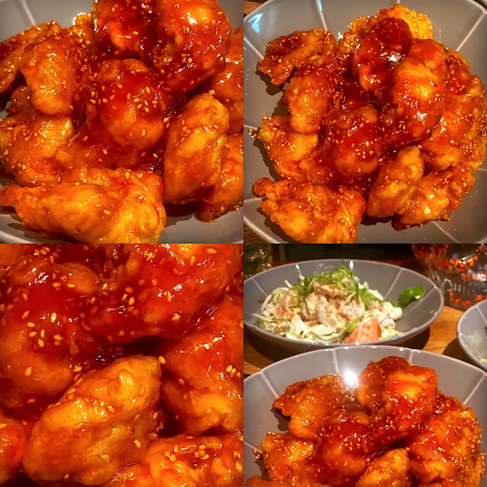 Dinner ! Dinner ! 
Crispy Fried Chicken Balls in a hot 🥵 & Sour Sauce with Toasted Sesame seeds 
Mixed Cheddar cheese salad with prawns 🍤 
#chinesechicken
#sw|Emanuel Hayashiさん