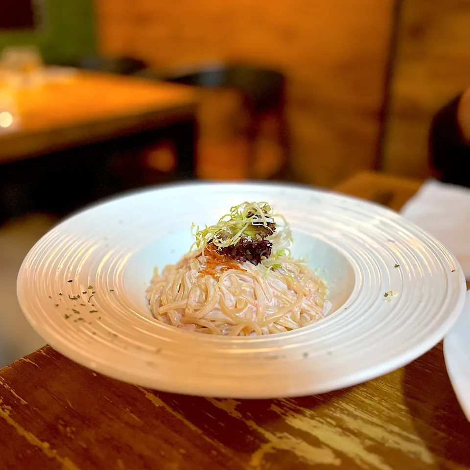 Linguine with sakura shrimps and mentaiko carbonara|skyblueさん