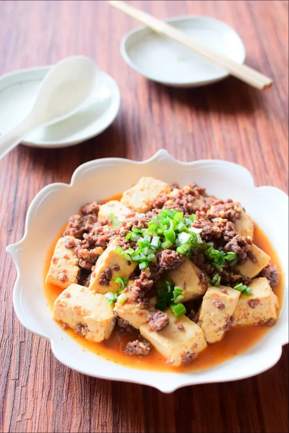 Snapdishの料理写真:木綿豆腐と豚ひき肉のめんつゆ一味唐辛子炒めのレシピ|アマイモノ・クウ蔵さん