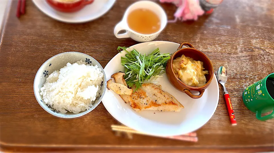 白身魚のムニエル・エリンギソテー・水菜サラダ・ミニグラタン・コンソメスープ・ご飯|ちびろ菌さん