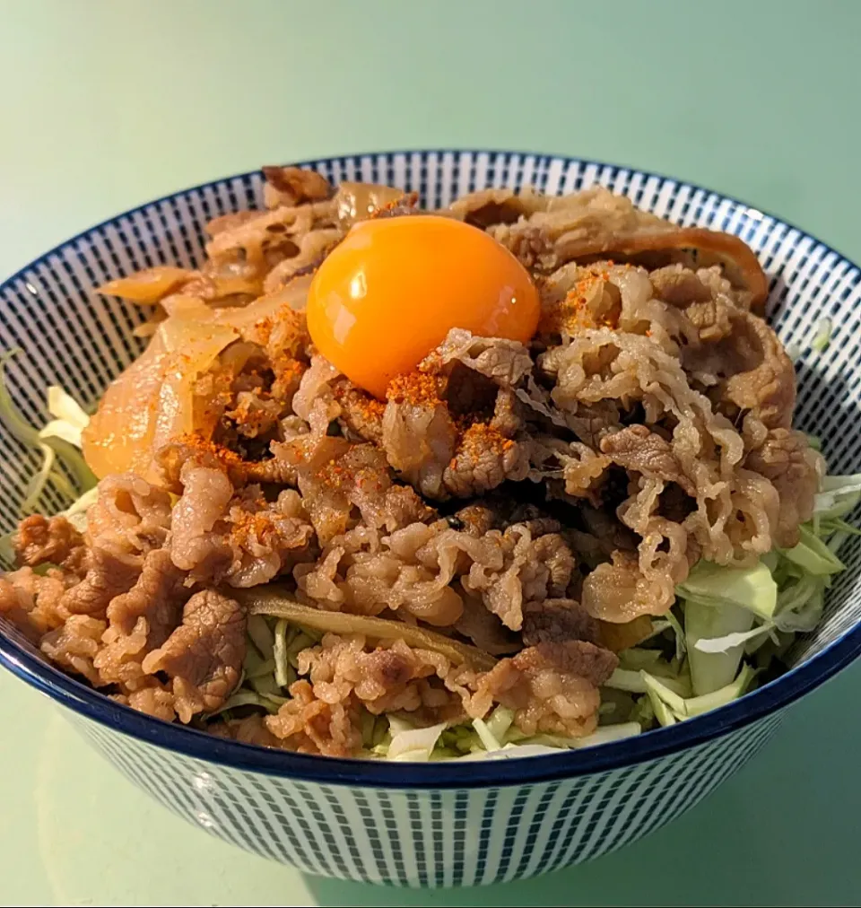 吉野家の牛丼。キャベツ＆卵|かずにゃさん