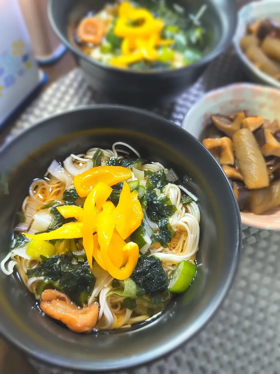 冷しぶっかけそうめん＆コンニャクと豚こまと椎茸の甘辛煮|テケテケさん