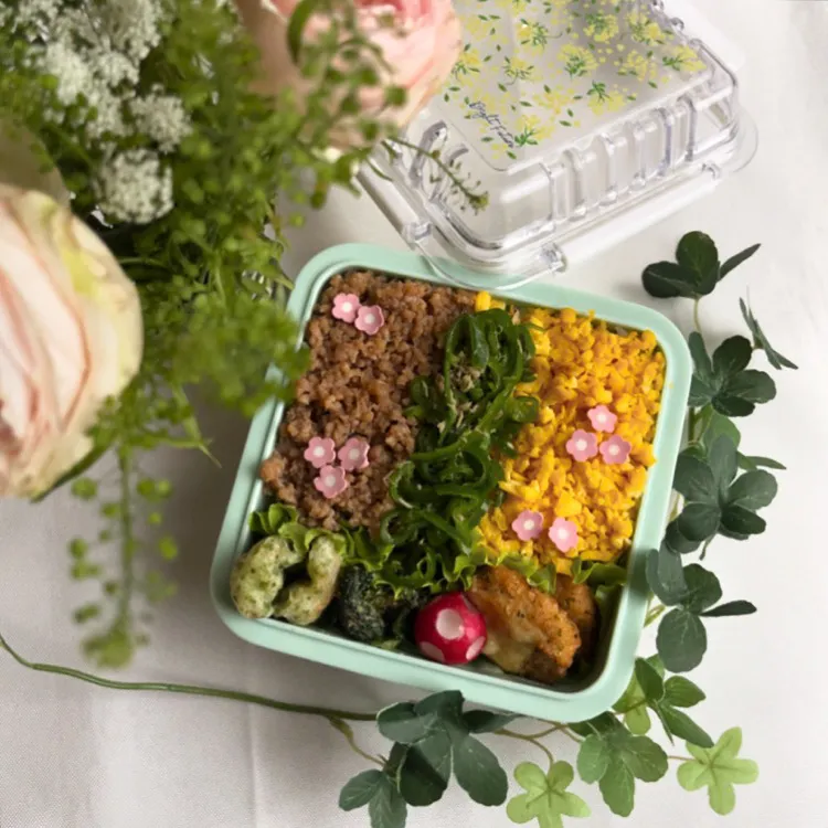 Snapdishの料理写真:4/9❤︎主人の三色そぼろ弁当🌱✨

＊ 鶏そぼろ
＊ たまごそぼろ
＊ 無限ピーマン🫑
＊ チーズと若鶏のオープン焼き
＊ ちくわの磯辺揚げ
＊ ほうれん草の胡麻和え|Makinsさん