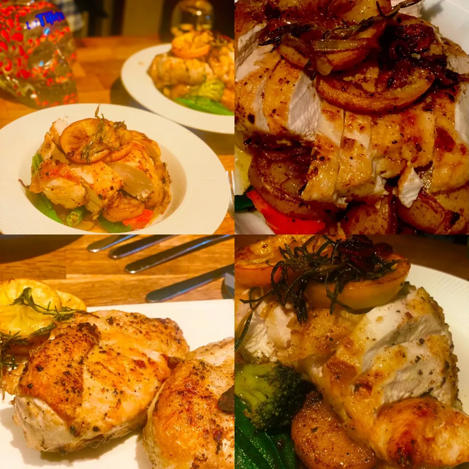 Snapdishの料理写真:Dinner ! Dinner ! 
Pan Fried Chicken with lemon & Rosemary with Roasted Vegetable’s and New Potatoes 🥔
#chicken #lemonrosemary
#homcooking 
#homemade 
#chefema|Emanuel Hayashiさん