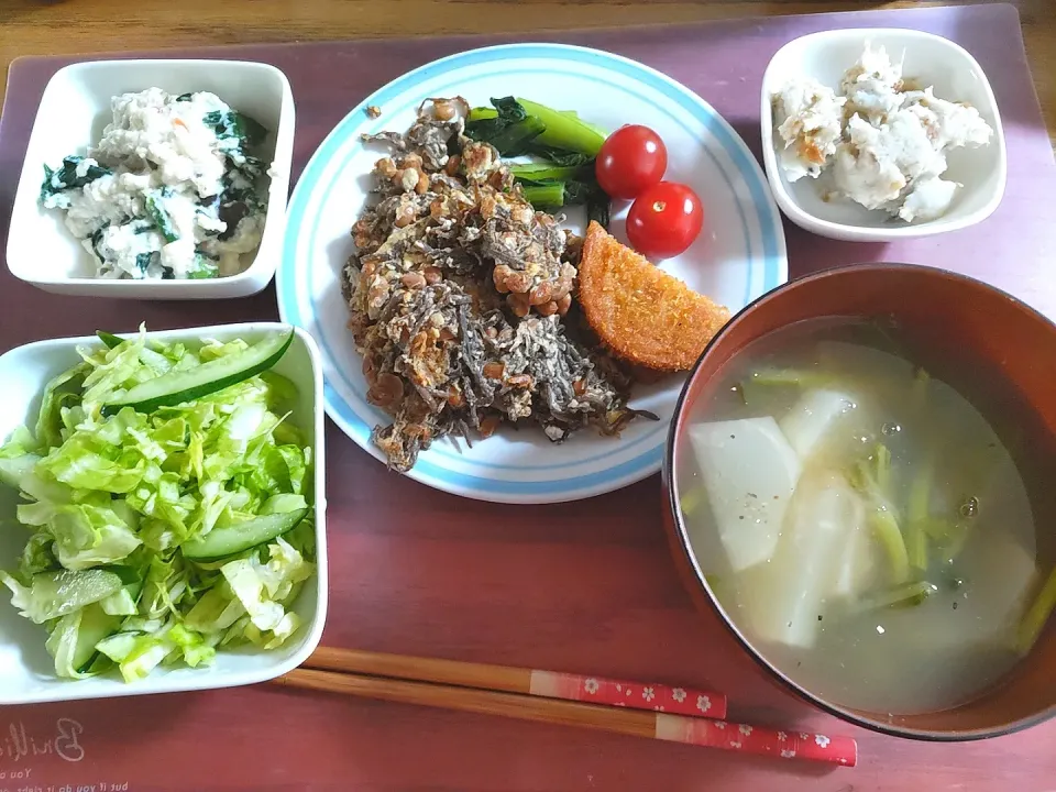 納豆もずく焼き
すり身揚げ
春キャベツサラダ
おから白和え
里芋の梅サラダ
かぶの味噌汁|うみママさん