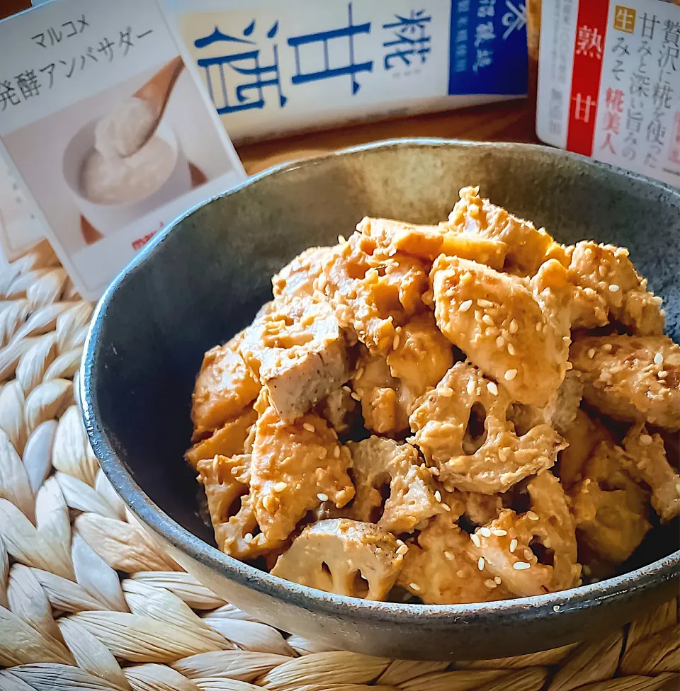 鶏肉と蓮根のからしごま味噌炒め|にゃんぺこさん