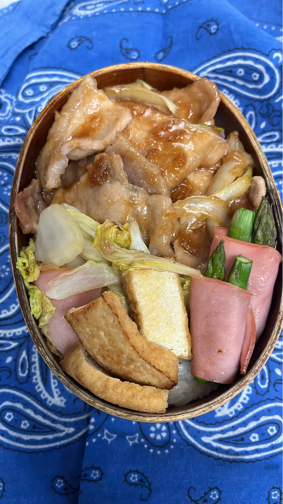 豚肉の生姜焼き、厚揚げと白菜とハムの中華炒め、アスパラハム巻き|ちあぽんさん