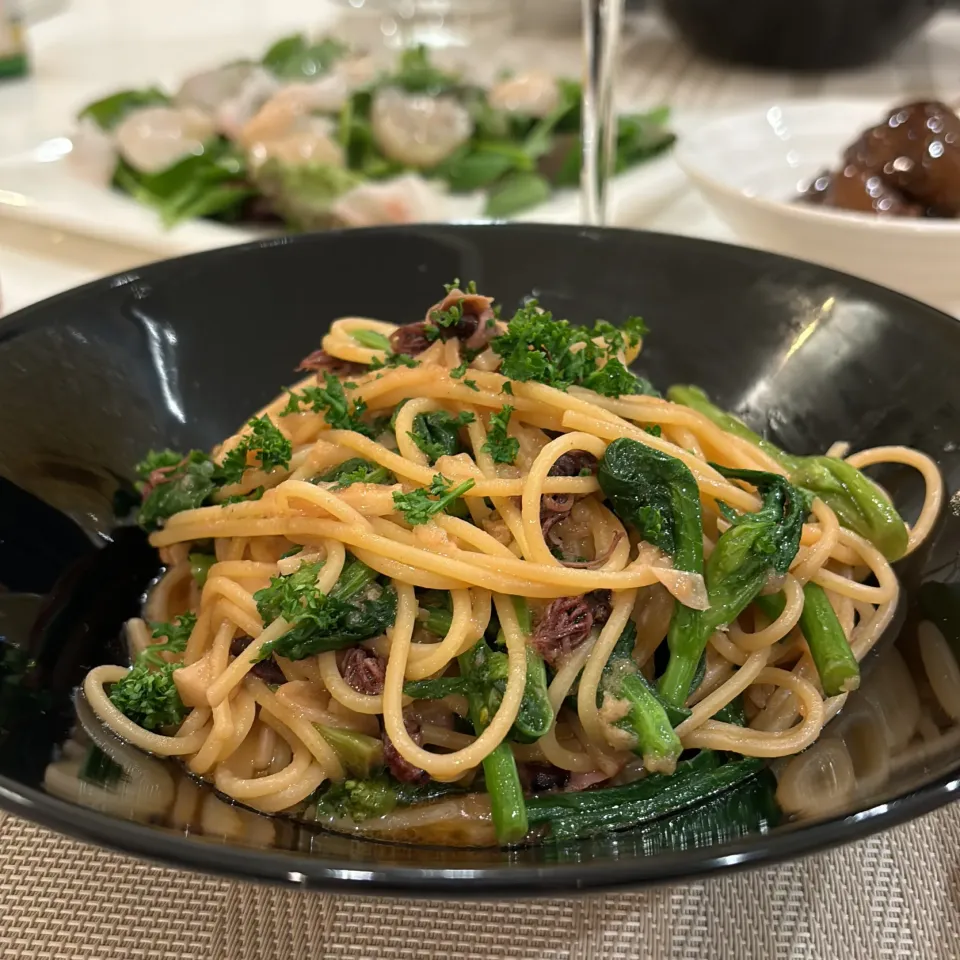 菜の花とホタルイカの沖漬けでパスタ|ケイさん