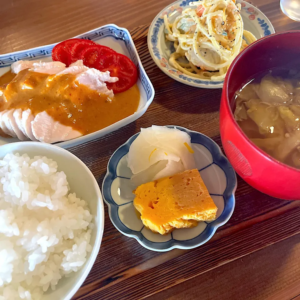 Snapdishの料理写真:鶏ムネ肉麻辣ダレ定食@可否灰殻(月島)|塩豚骨さん