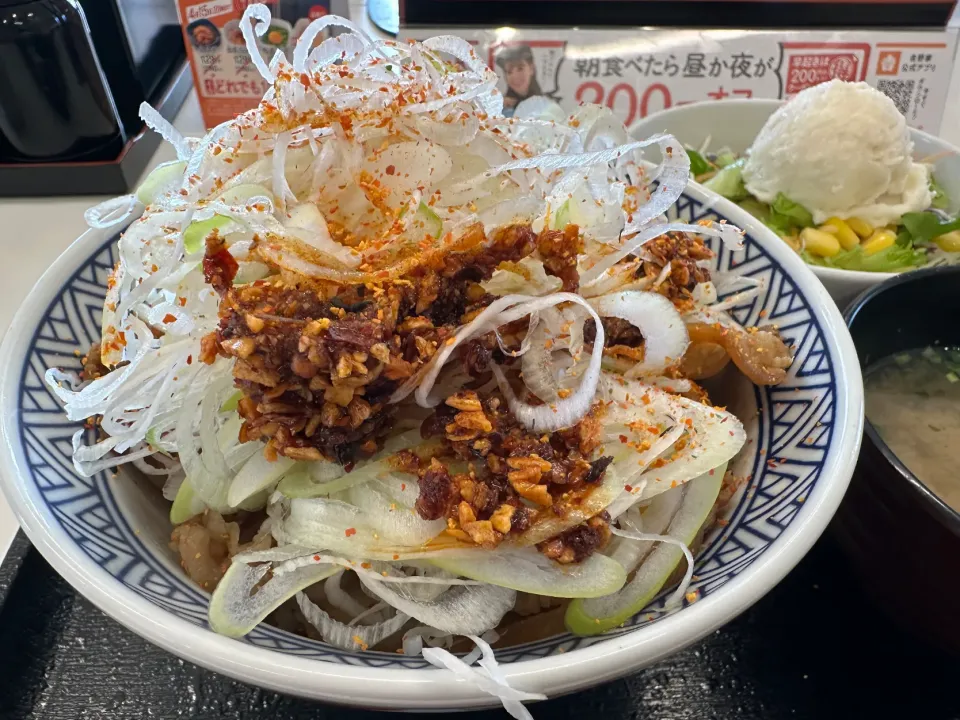 ねぎラー油牛丼アタマの大盛、サラダセット🥗|buhizouさん