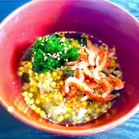 Snapdishの料理写真:生海苔と釜揚げ桜海老🦐でお茶漬け🍚朝ごはん|KANAさん