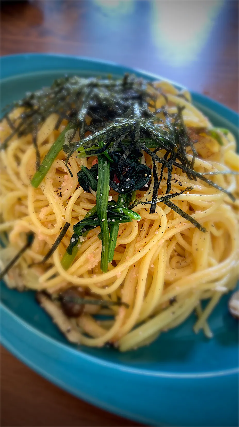 ほうれん草とキノコのたらこパスタ|へろへろさん