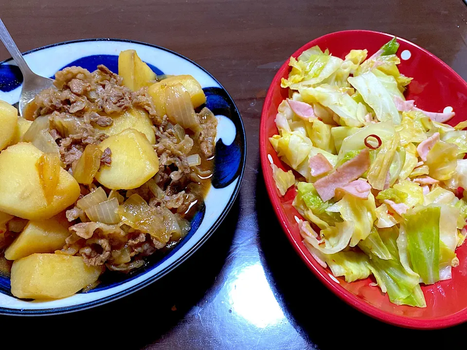 キャベツのペペロンチーノと肉じゃが|えーちゃんさん