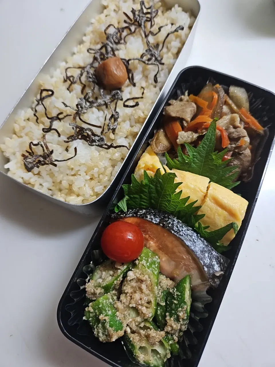 Snapdishの料理写真:☆高１弁当☆玄米入りごはん、塩昆布、梅、豚牛蒡、小エビ卵焼き、鮭、オクラ胡麻和え、ミニトマト|ｼｮｺﾗさん