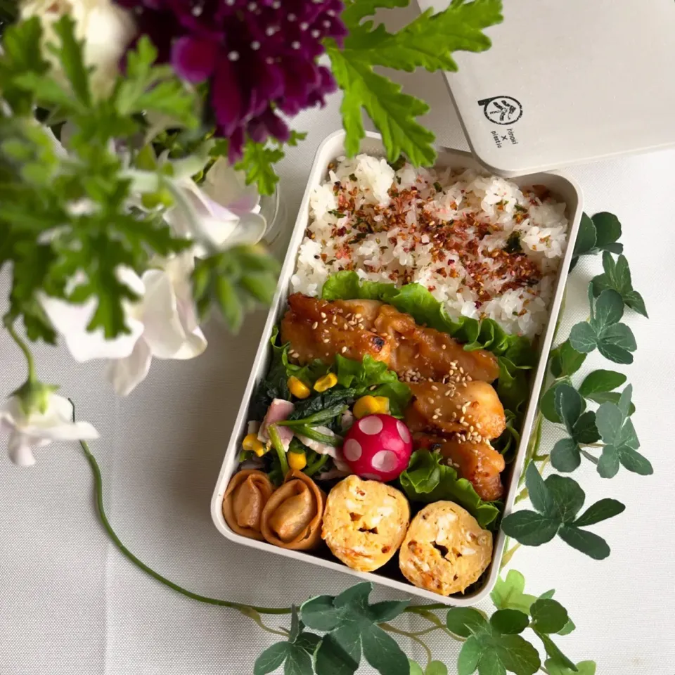 Snapdishの料理写真:4/17❤︎主人のお弁当🌱　

＊ 鶏のはちみつ味噌焼き
＊ 桜海老たまご焼き
＊ 五目春巻き
＊ ベーコンとほうれん草炒め|Makinsさん