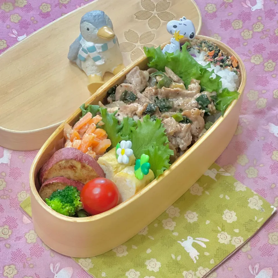 豚こまのねぎマヨ炒め☘️の💙ちゃんお弁当　4/17水|sweet homeさん