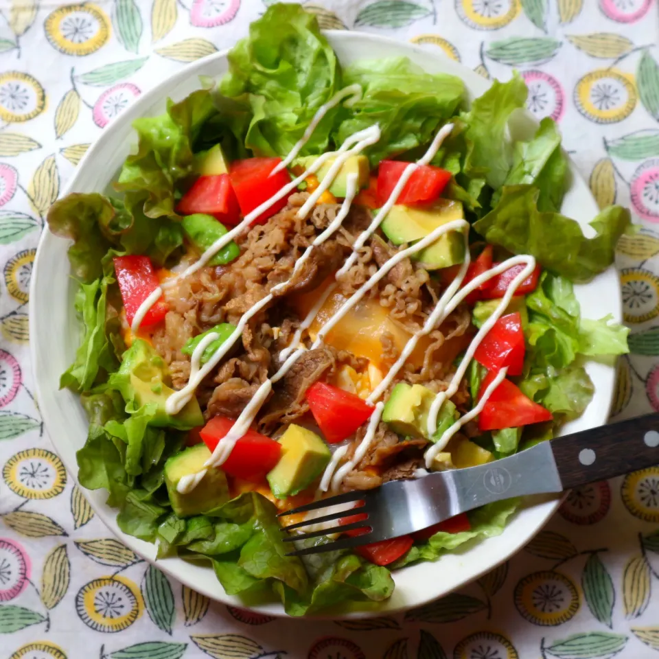 ご飯を敷いた上に　たまご2個をふわっと焼いて　レタスをちぎり　牛丼半分　小トマト半分　アボカド半分！マヨをちょっと1人のお昼にぱぱっとワンプレートごはん😃|tamiさん