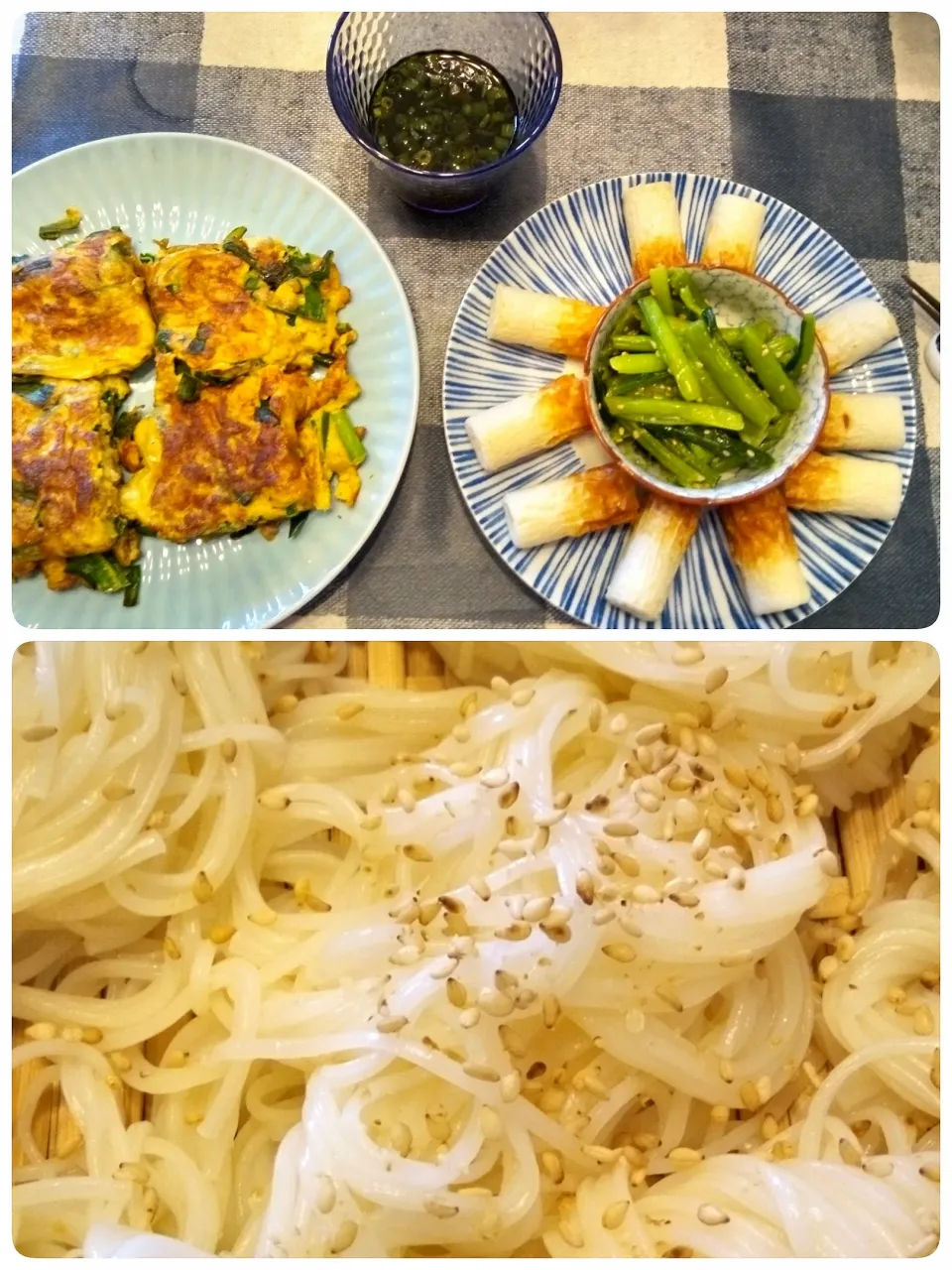 Snapdishの料理写真:゛24．4/17にらとひき肉の卵焼きとお素麺😋|たえさん