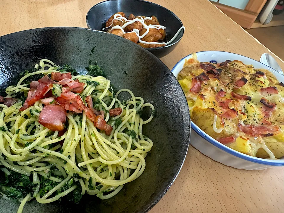 ほうれん草のクリームパスタ&じゃかいものベーコンチーズ焼き&甘酢マヨチキン|G0MAさん