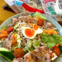自家製ドレッシングでいただく野菜と塩糀焼き豚サラダ蕎麦