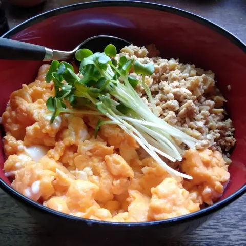 「液みそ 糀美人」を使ってみたSnapdishの料理・レシピ写真:鶏ひき肉の肉味噌で二色丼