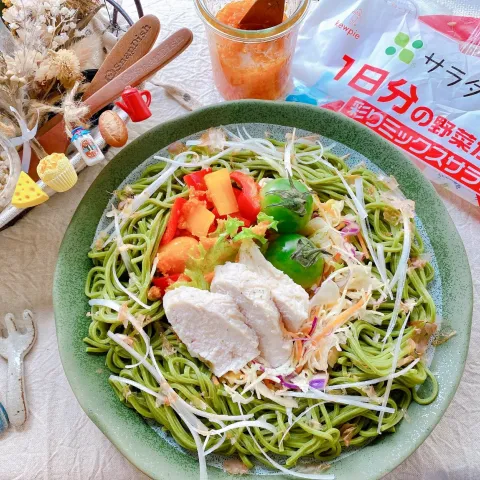 「1日分の野菜がとれる彩りミックスサラダ」を使ってみたSnapdishの料理・レシピ写真:冷やし茶そば
『サラダクラブ ✿ １日分の野菜がとれる彩りミックスサラダ』使用