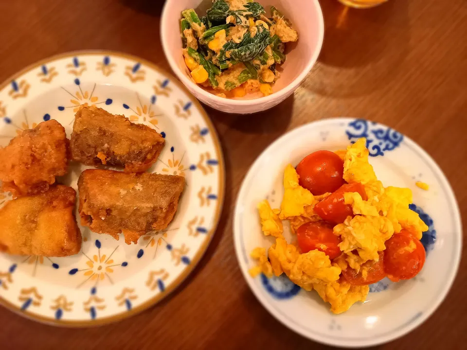 ぶり竜田あげ　トマたま　ほうれん草コーンごまマヨ和え|🍏りんご🍎さん