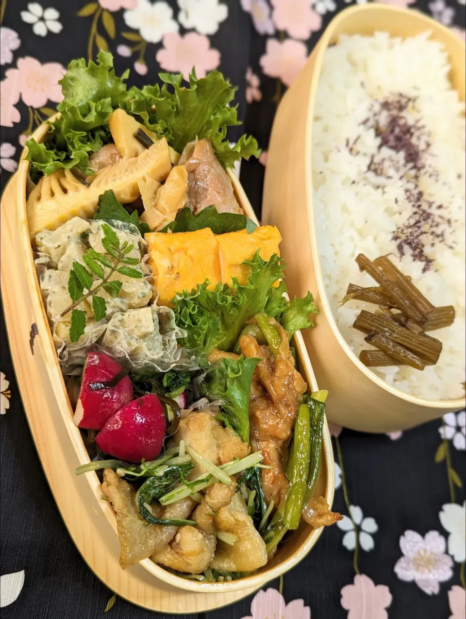 本日のお弁当〜筍と鶏もも肉の甘辛炒めと春野菜弁当|f.1125beさん