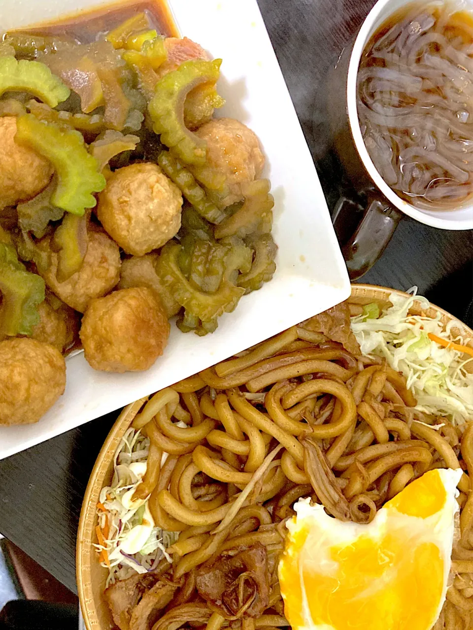 Snapdishの料理写真:オイスター焼きうどん、甘煮、ところてん|まみみさん