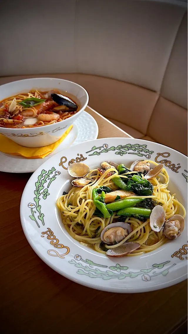 Snapdishの料理・レシピ写真:春野菜と青さのりのボンゴレ＆魚介のスープパスタ🦐｜春野菜はパスタの気分♪