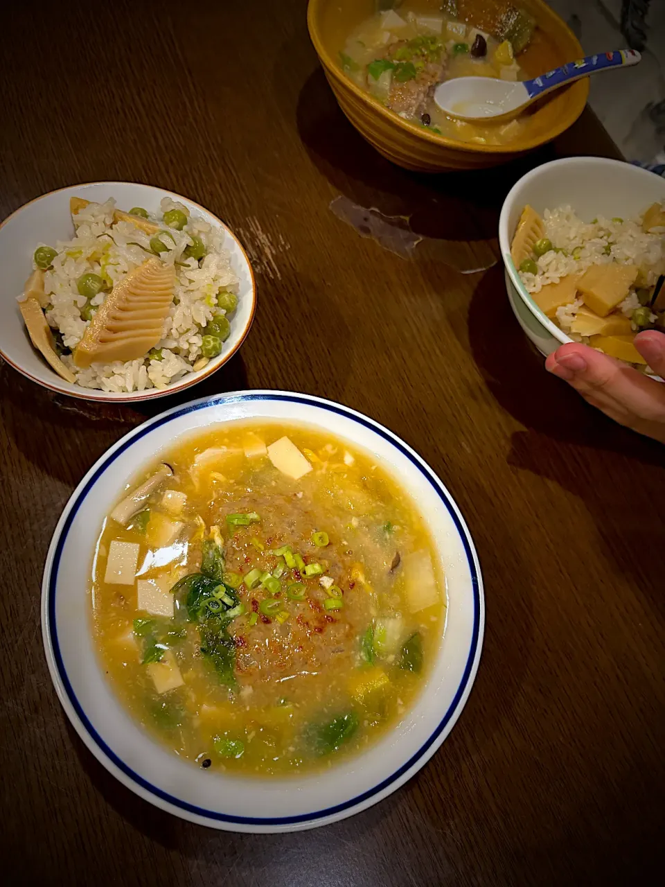 Snapdishの料理写真:和風ハンバーグ　かき玉餡掛け　筍の豆ごはん|ch＊K*∀o(^^*)♪さん