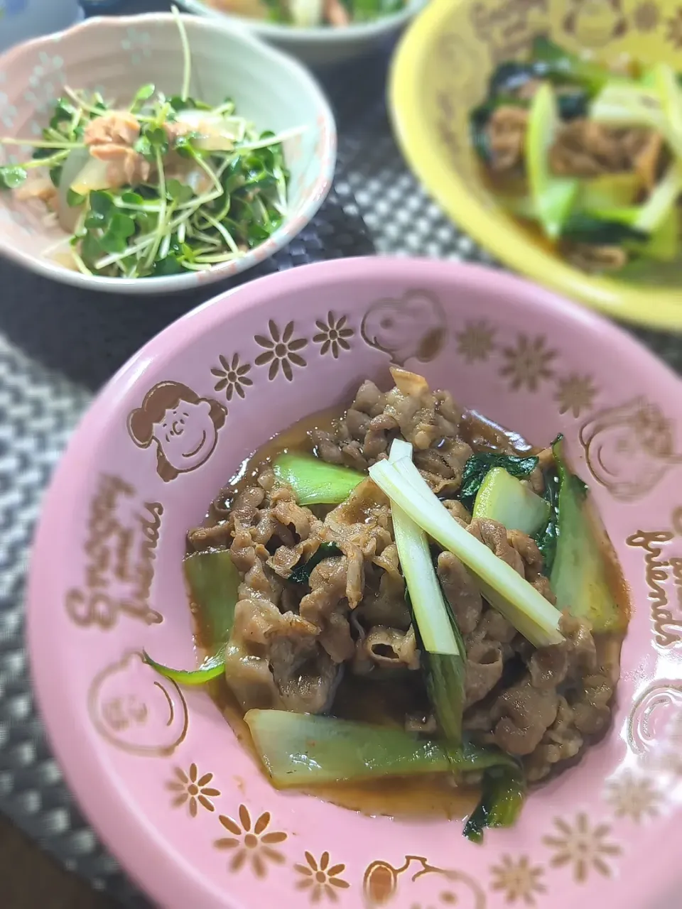 豚肉とチンゲン菜のオイスター炒め＆ツナとカイワレ大根のワサビ醤油和え|テケテケさん