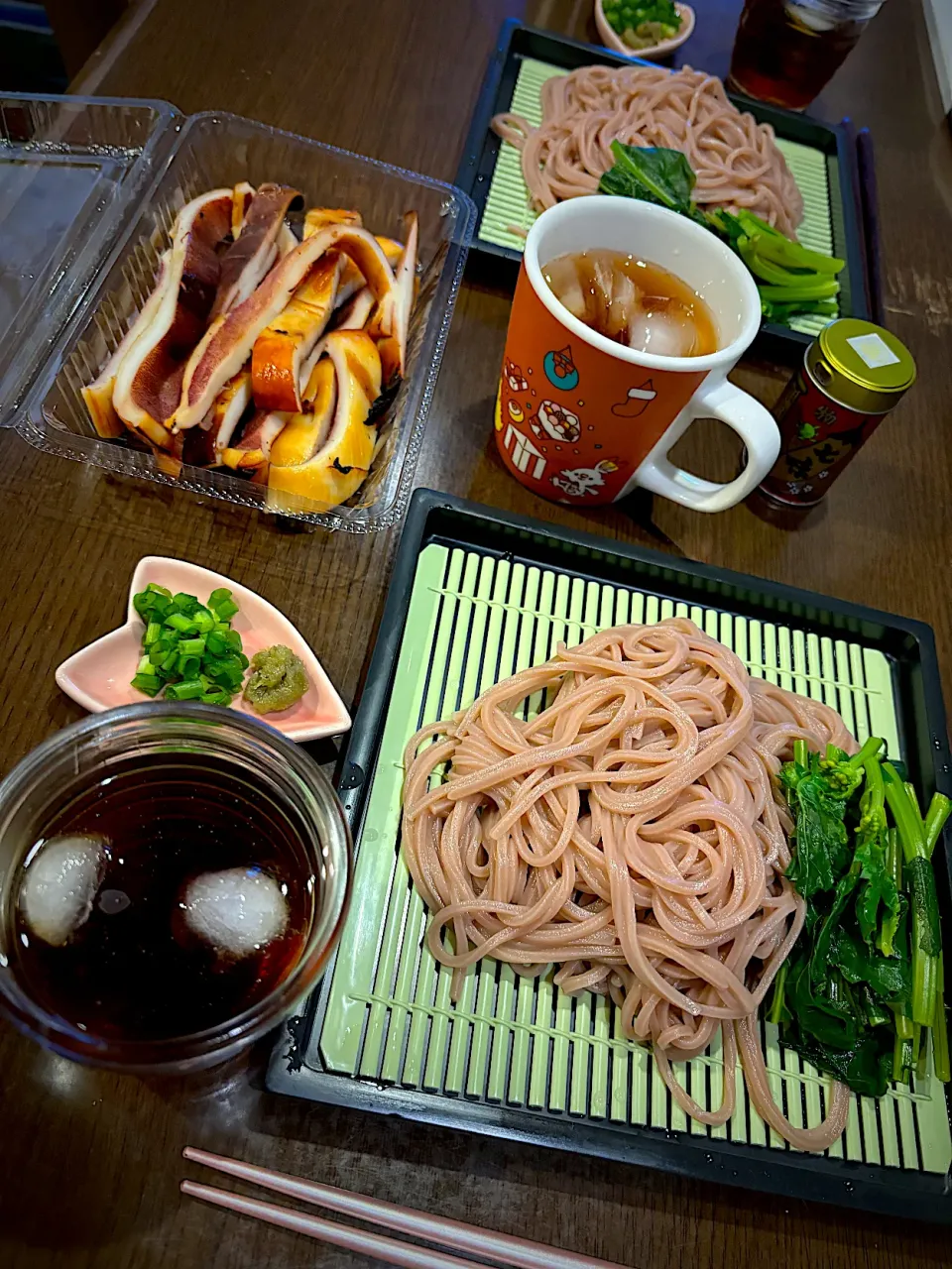 桜うどん　宮内菜お浸し　干しイカ焼物　ほうじ茶|ch＊K*∀o(^^*)♪さん