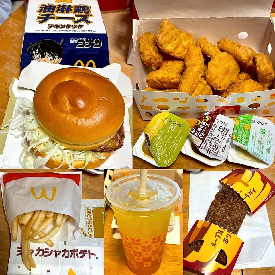 油淋鶏チーズチキンタッタ🍔　マックフィズ柑橘ミックス🍊🍋🥤　マックナゲット🍗たこ焼風マヨ、レモンハラペーニョタルタル🍋　マスタード　シャカシャカポテト🍟焼きとうもろこし🌽　メープルバター🧈ホットケーキパイ🥧|るみおんさん