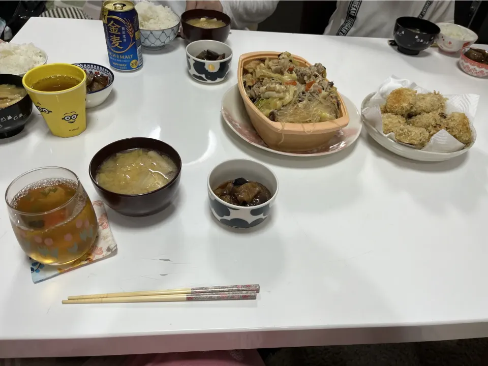 Snapdishの料理写真:晩御飯☆揚げなすの煮浸し☆いわしとごぼうのフライ☆ちゃんぽん春雨☆みそ汁（白菜・しめじ・揚げ）|Saharaさん